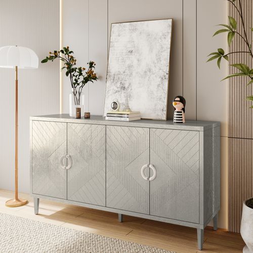 Buffet 152cm 4 Portes Mdf Avec Pieds En Pin, Style Moderne Et Fonctionnel, Champagne