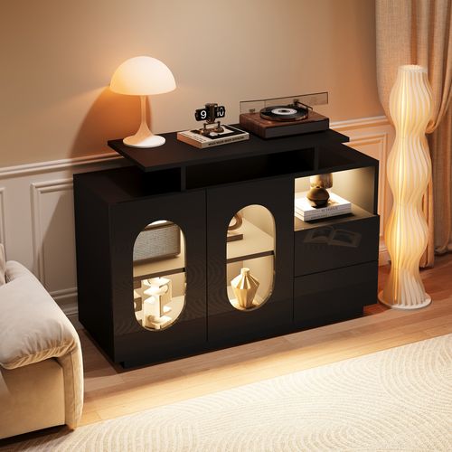 Buffet LED Noir Avec Portes Ovales En Verre Et Rangements Modulables – Design Moderne
