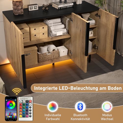 Buffet Rétro 120 Cm Avec LED, Rangement Modulable Et Pieds Réglables