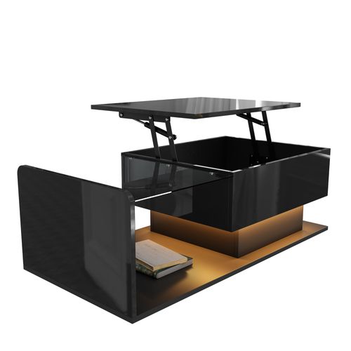 Table Basse Relevable Noire Brillante Avec LED Et Plateau En Verre, 100x50 Cm