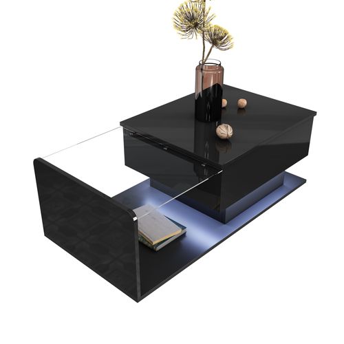 Table Basse Relevable Noire Brillante Avec LED Et Plateau En Verre, 100x50 Cm