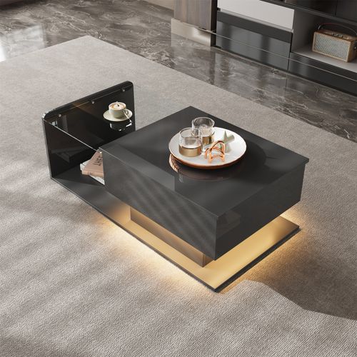 Table Basse Relevable Noire Brillante Avec LED Et Plateau En Verre, 100x50 Cm