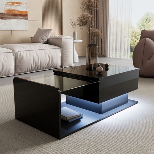 Table Basse Relevable Noire Brillante Avec LED Et Plateau En Verre, 100x50 Cm