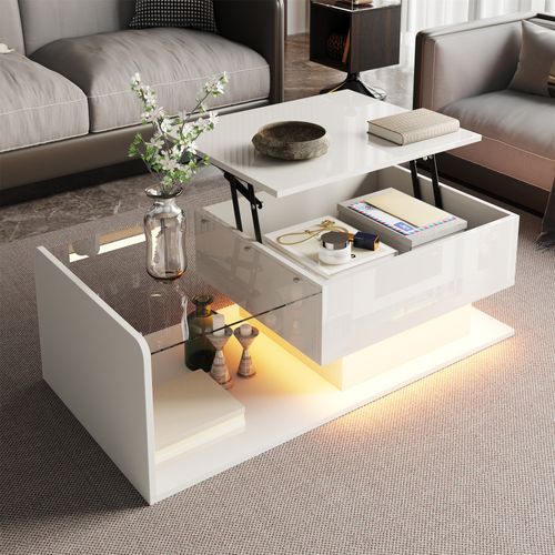 Table Basse Relevable Blance Brillante Avec LED Et Plateau En Verre, 100x50 Cm