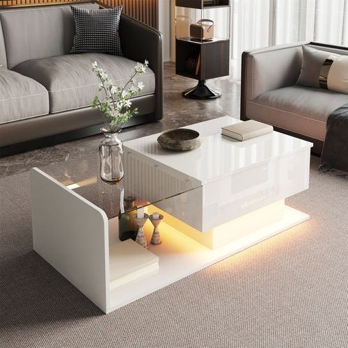 Table Basse Relevable Blance Brillante Avec LED Et Plateau En Verre, 100x50 Cm