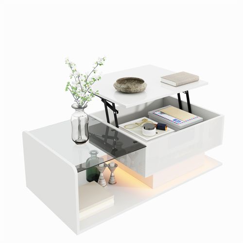Table Basse Relevable Blance Brillante Avec LED Et Plateau En Verre, 100x50 Cm