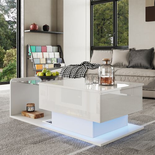 Table Basse Relevable Blance Brillante Avec LED Et Plateau En Verre, 100x50 Cm