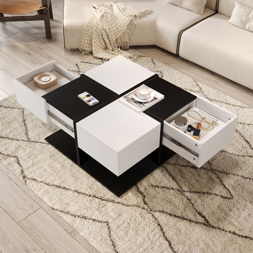 Table Basse Carrée Noir Et Blanc 70x70x35,5 Cm Avec 2 Tiroirs Et Rangement