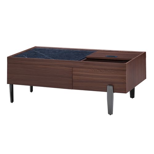 Table Basse Moderne Avec Tiroirs, Plateau En Verre Et Pieds Métalliques, 105x50x41,5 Cm