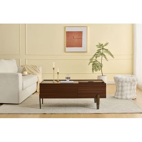 Table Basse Moderne Avec Tiroirs, Plateau En Verre Et Pieds Métalliques, 105x50x41,5 Cm