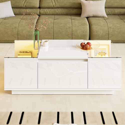 Table Basse Moderne 105 Cm Avec LED, 2 Tiroirs Et Plateau En Verre