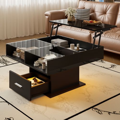 Table Basse Relevable LED 78x78 Cm, Hauteur Réglable Et Rangement Flexible, Noir