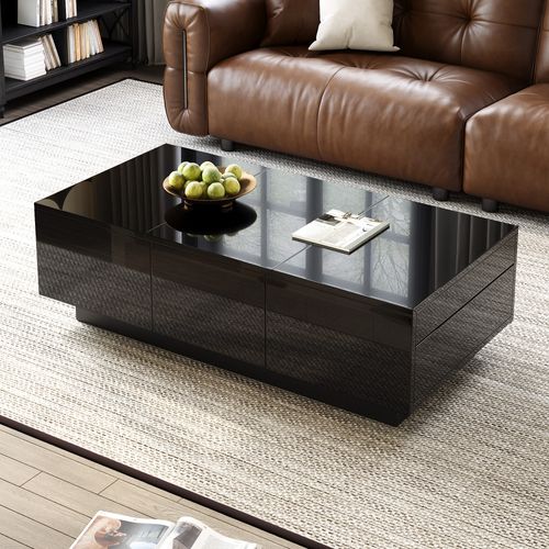 Table Basse Moderne Noire à Tiroirs Et Compartiments Coulissants – Design Élégant Et Pratique