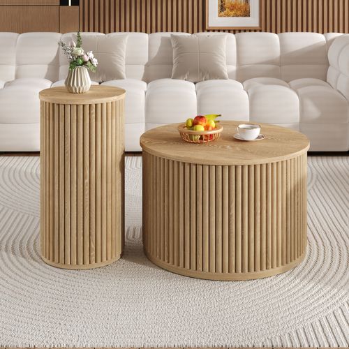 Table Basse Ronde Double 60x60x38,5 + 30x30x56 Cm En Bois Naturel