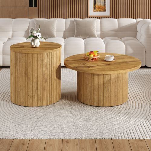 Set De 2 Tables Basses Rondes 75x75x36 + 50x50x50,5 Cm En Bois Naturel