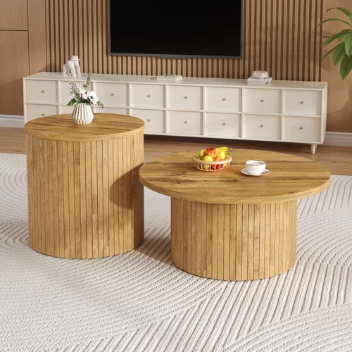 Set De 2 Tables Basses Rondes 75x75x36 + 50x50x50,5 Cm En Bois Naturel
