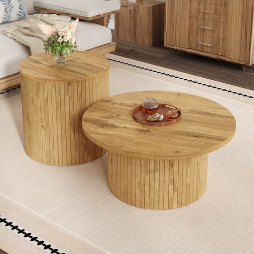 Set De 2 Tables Basses Rondes 75x75x36 + 50x50x50,5 Cm En Bois Naturel