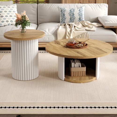 Set De 2 Tables Basses Rondes 75x75x50 + 45x45x35 Cm En Bois Naturel