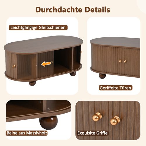 Table Basse 100x50x40 Cm En Noyer Avec Rangement Et Portes Coulissantes