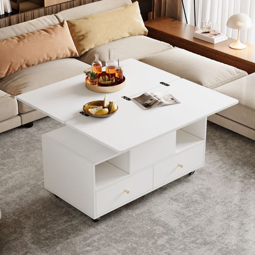 Table Basse 100x50x47,5 Cm Blanche, Relevable, Pliable Avec 4 Tiroirs