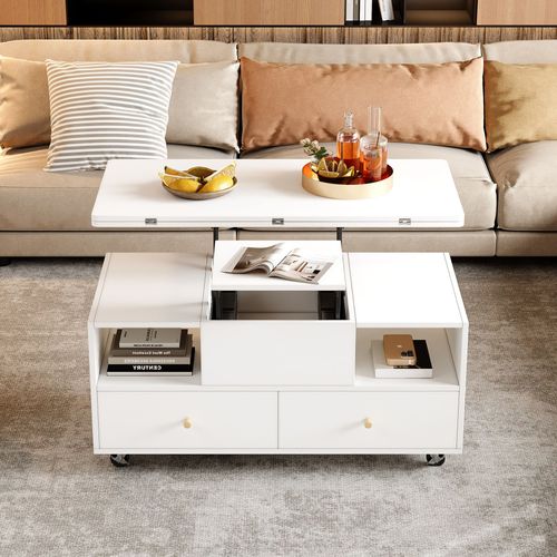 Table Basse 100x50x47,5 Cm Blanche, Relevable, Pliable Avec 4 Tiroirs