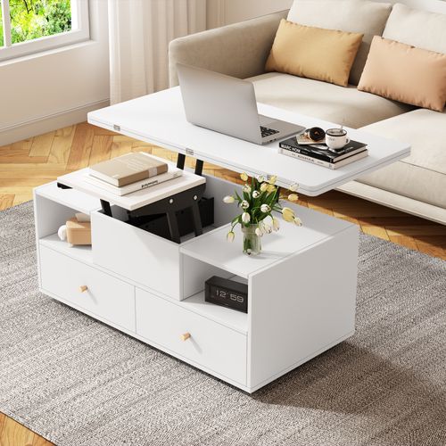 Table Basse 100x50x47,5 Cm Blanche, Relevable, Pliable Avec 4 Tiroirs