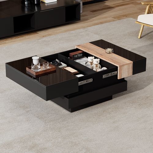 Table Basse 70x70x39 Cm Noire, Extensible Avec Rangement Caché Et Design Bicolore