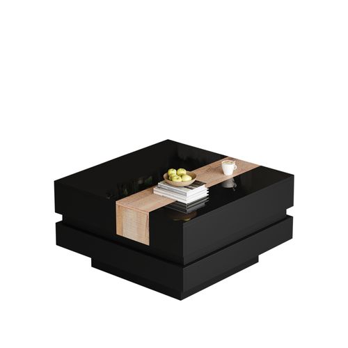 Table Basse 70x70x39 Cm Noire, Extensible Avec Rangement Caché Et Design Bicolore
