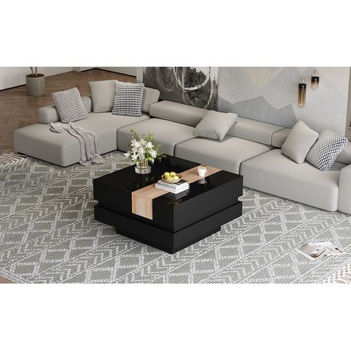 Table Basse 70x70x39 Cm Noire, Extensible Avec Rangement Caché Et Design Bicolore