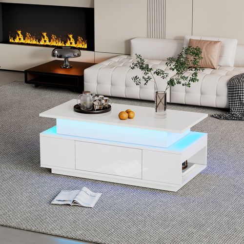 Table Basse 96x45x40 Cm LED Avec Plateau Réglable Et Rangement