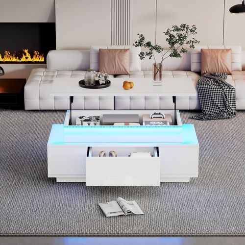 Table Basse 96x45x40 Cm LED Avec Plateau Réglable Et Rangement