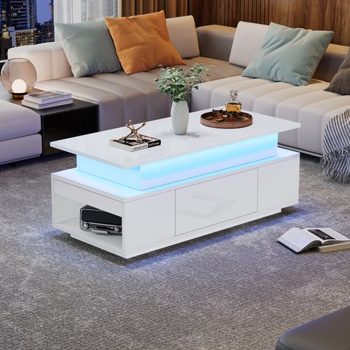 Table Basse 96x45x40 Cm LED Avec Plateau Réglable Et Rangement
