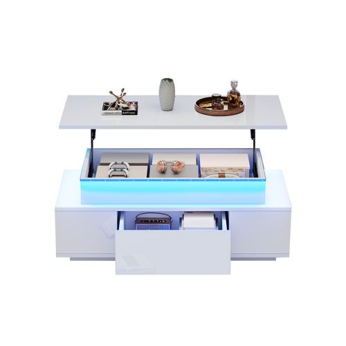 Table Basse 96x45x40 Cm LED Avec Plateau Réglable Et Rangement