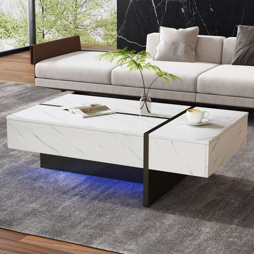 Table Basse 105x60x35 Cm Blanche LED Avec Plateau Marbre Et Tiroirs
