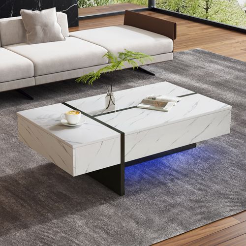 Table Basse 105x60x35 Cm Blanche LED Avec Plateau Marbre Et Tiroirs