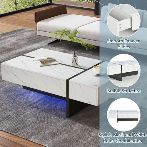 Table Basse 105x60x35 Cm Blanche LED Avec Plateau Marbre Et Tiroirs