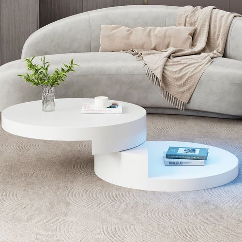 Table Basse Cylindrique 70x70x35,5 Cm Blanche Avec Plateau Rotatif Et LED