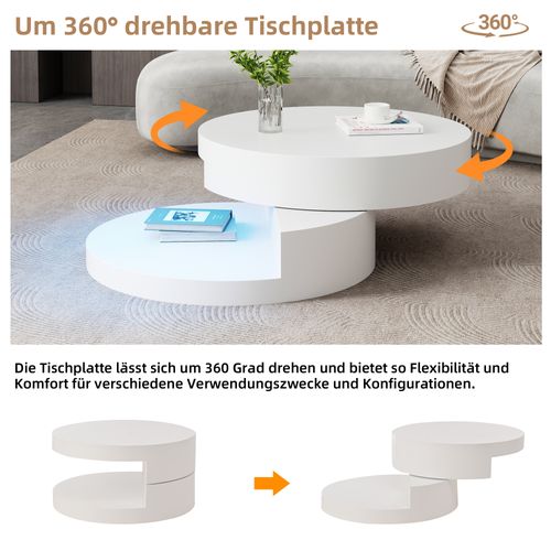 Table Basse Cylindrique 70x70x35,5 Cm Blanche Avec Plateau Rotatif Et LED