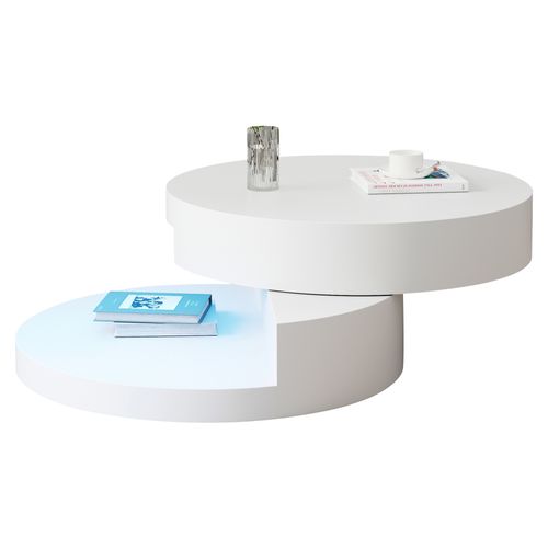 Table Basse Cylindrique 70x70x35,5 Cm Blanche Avec Plateau Rotatif Et LED