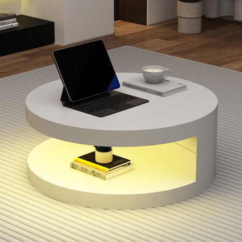 Table Basse Cylindrique 70x70x35,5 Cm Blanche Avec Plateau Rotatif Et LED