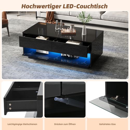 Table Basse Noire 100x50x40 Cm Avec LED Bluetooth Et Rangement 3 Niveaux