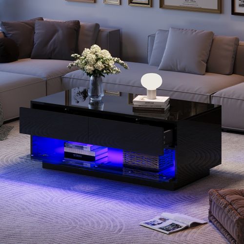 Table Basse Noire 100x50x40 Cm Avec LED Bluetooth Et Rangement 3 Niveaux