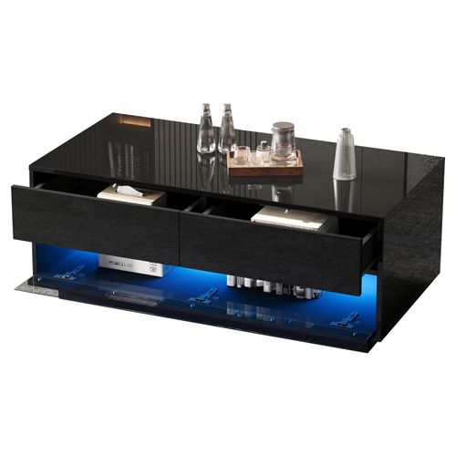 Table Basse Noire 100x50x40 Cm Avec LED Bluetooth Et Rangement 3 Niveaux