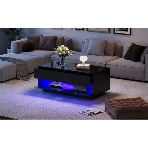 Table Basse Noire 100x50x40 Cm Avec LED Bluetooth Et Rangement 3 Niveaux