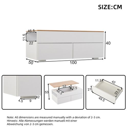 Table Basse 100x50x40 Cm à Plateau Relevable, 2 Tiroirs Et Rangement Ouvert, Blanc Et Bois
