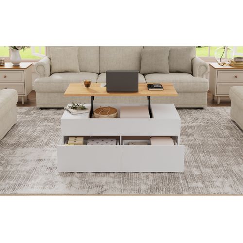 Table Basse 100x50x40 Cm à Plateau Relevable, 2 Tiroirs Et Rangement Ouvert, Blanc Et Bois