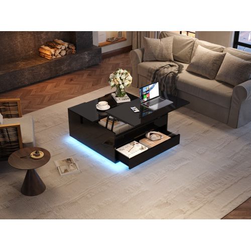 Table Basse 70x70x38 Cm Avec LED, Plateau Relevable Et Rangement, Noir