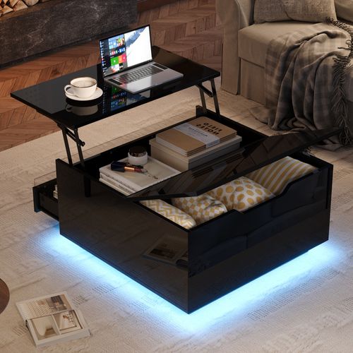 Table Basse 70x70x38 Cm Avec LED, Plateau Relevable Et Rangement, Noir