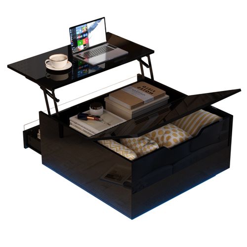 Table Basse 70x70x38 Cm Avec LED, Plateau Relevable Et Rangement, Noir