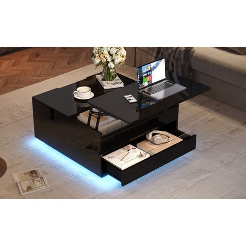 Table Basse 70x70x38 Cm Avec LED, Plateau Relevable Et Rangement, Noir